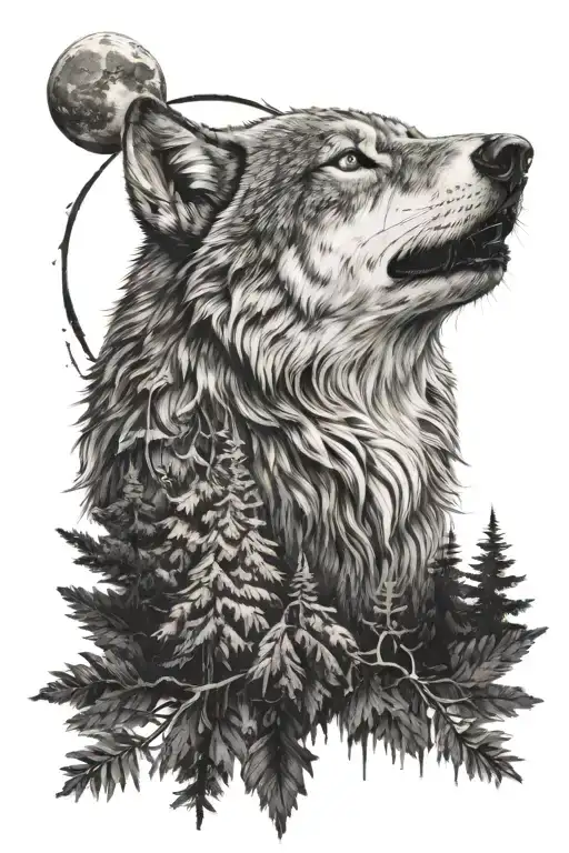 Wolf Head Surrounded Forest And Moon