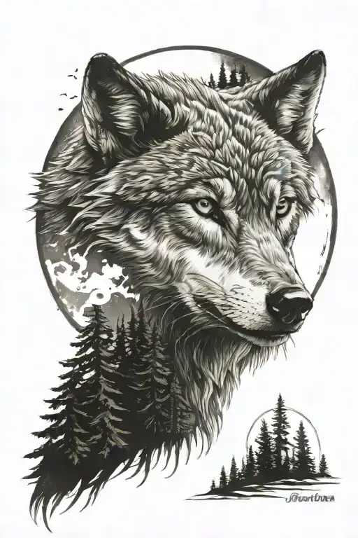 Wolf Head Surrounded Forest And Moon
