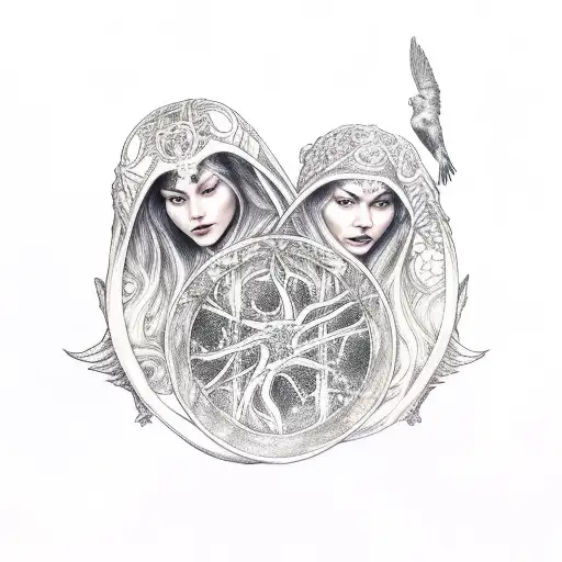 Three Norns In Front Of Yggdrasil With Two Crows Flying Over