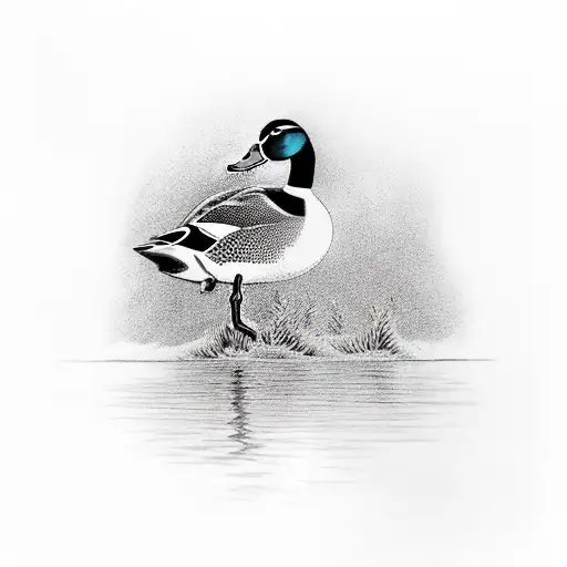 Mallard Duck By Weeds In A Lake By Forest