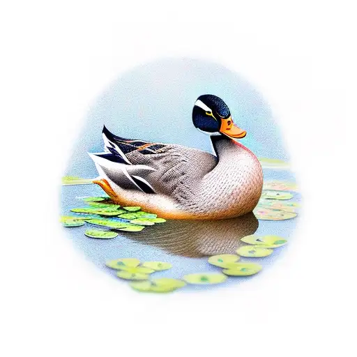 Duck In Pond By Lilypads Holding A Four Leaf Clover