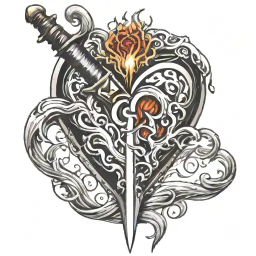 Sword Through Heart With Fire Coming Off Handle