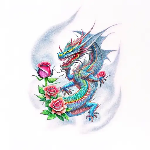 Multi-colored Dragon With Roses