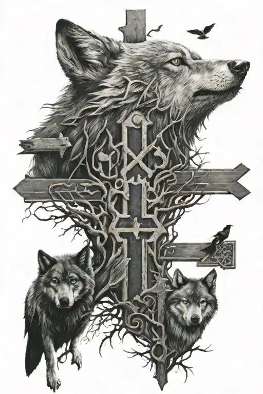Wolf And Crows With Cross