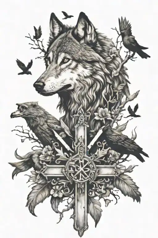 Wolf And Crows With Cross