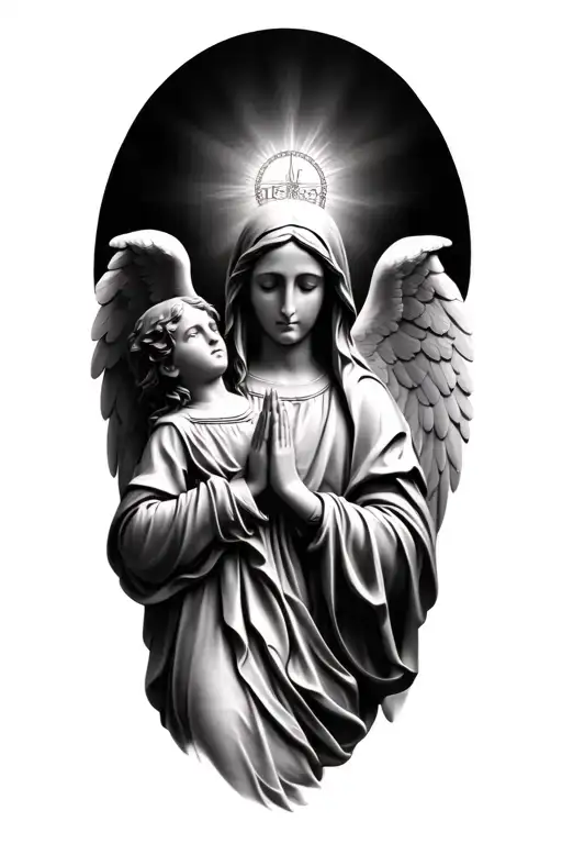 Virgin Mary Praying With A Young Angel Wings