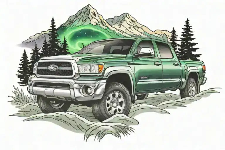 Northern Lights Illuminating A 2002 Toyota Tundra Parked In Front Of A Mountain