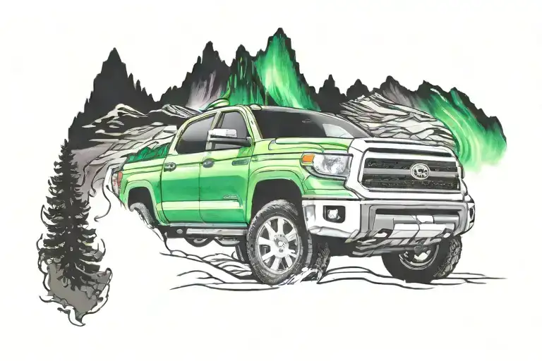 Northern Lights Shining Behind A 2002 Toyota Tundra Parked In Front Of A Mountain