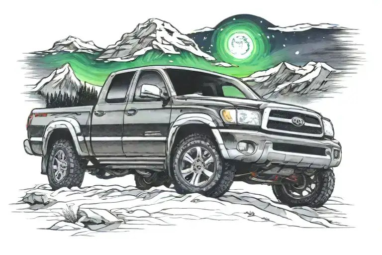 2002 Toyota Tundra In Front Of The Northern Lights Shining In The Sky And A Mountain