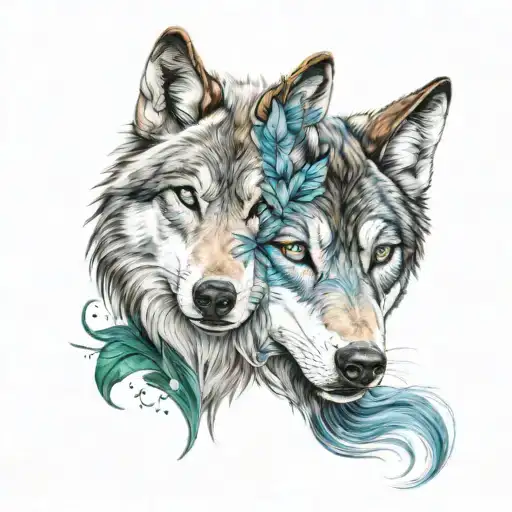 Wolf Face And Girl Face With Blue And Green Eyes Looking
