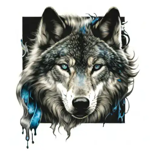 Wolf Face And Human Face With Blue And Green Eyes Looking