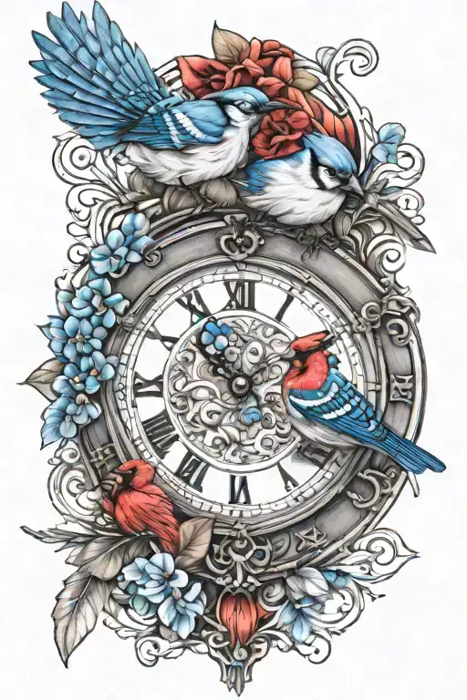 Clock Face And Blue Jay And Red Cardinal Tattoo