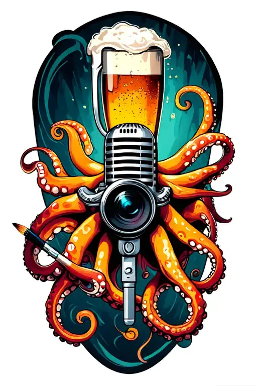 Octopus Tattoo Holding Microphone Paintbrush Camera Joint And Beer