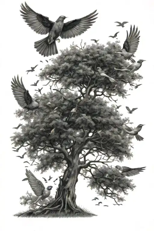 Tree With Birds Flying Away
