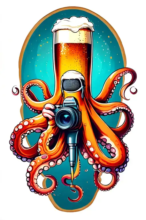 Octopus Tattoo Holding Microphone Paintbrush Camera Joint And Beer