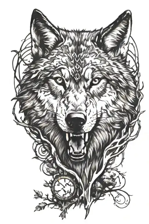 An Angry Wolf With Bold In Its Mouth With A Rune On Its Forehead And Forest All Around