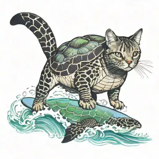 Paddleboarder Riding A Wave With Sea Turtle And Exotic Shorthair Cat Swimming Alongside