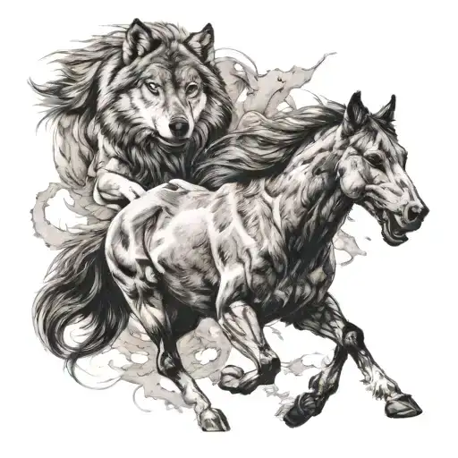Wolf And Horse Galloping