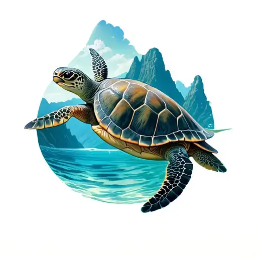 Sea Turtle Swimming Surrounded By Mountains