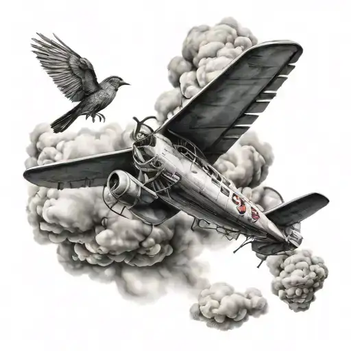 A Plane And A Bird Flying Out Of Clouds