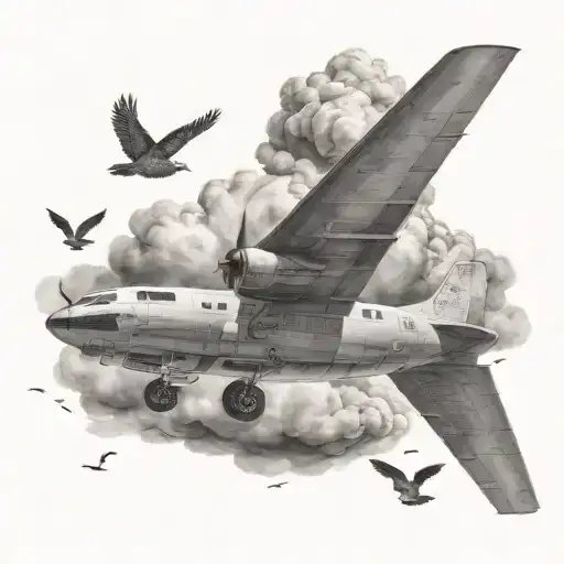 A Plane And A Bird Flying Out Of Clouds
