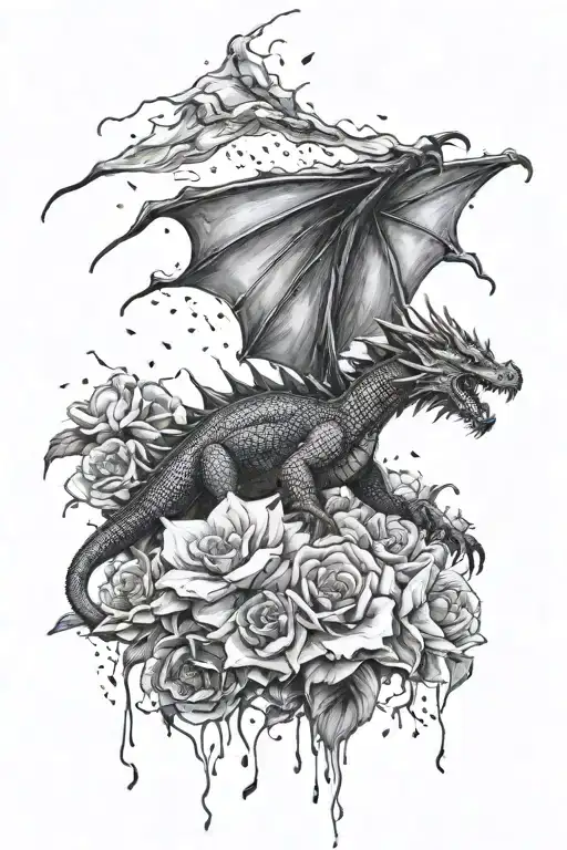 Dragon Flying Through Flowers And Lightning And Rain In Black And White