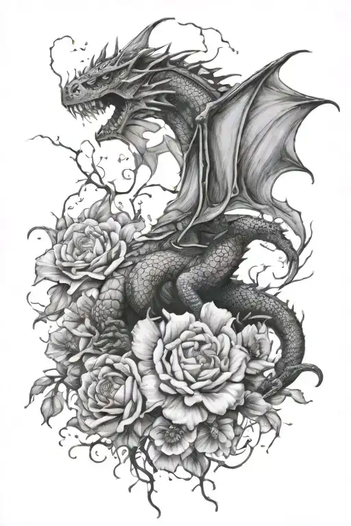 Dragon Flying Through Flowers And Lightning And Rain In Black And White