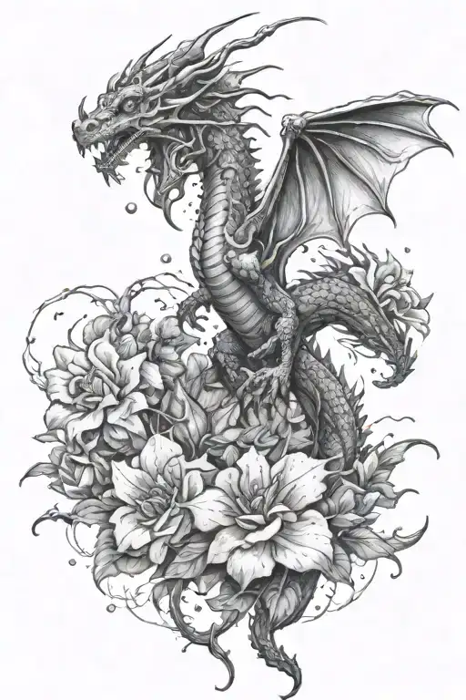 Dragon Flying Through Flower Garden And Lightning And Rain In Black And White