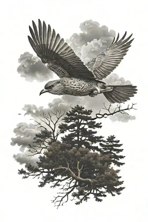 Bird Flying In Cloudy Sky Above Woods