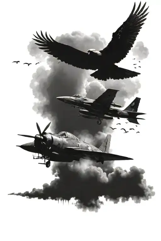 A Bird And A Fighter Plane Flying Out Of Clouds Above Forest