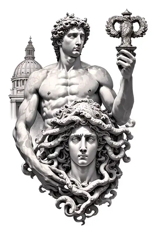 Perseus Holding The Head Of Medusa And Behind The Basilica Of The Vatican