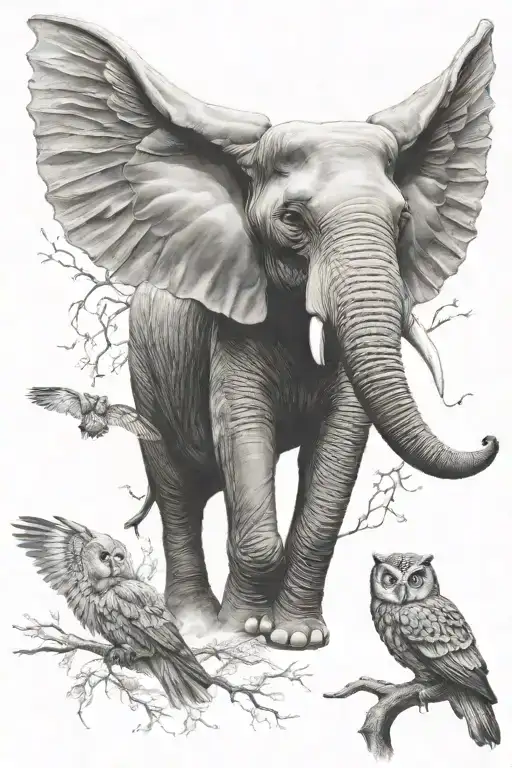 Elephant And Owl Flying