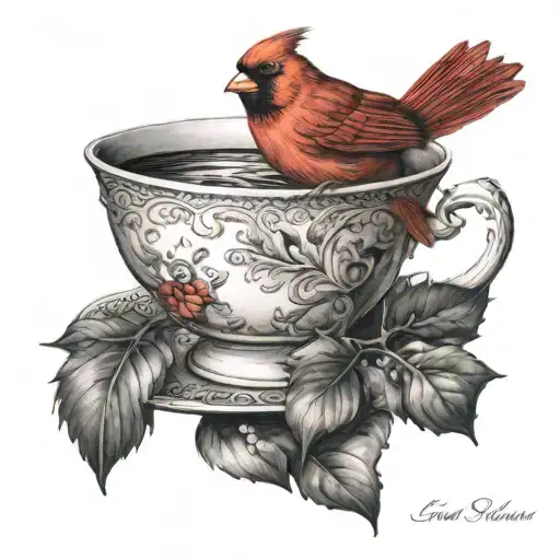 Red Cardinal Bird Rested On The Rim Of A Teacup