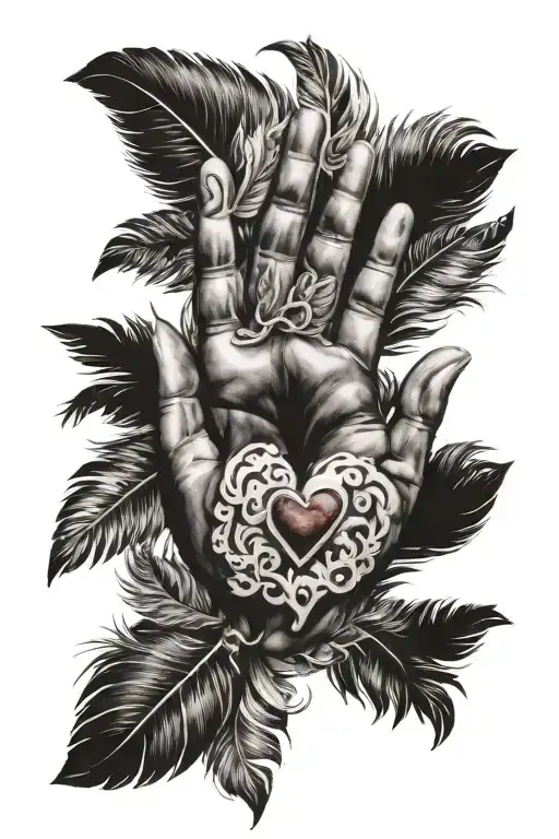 Heart Baby Hand Print And Feathers