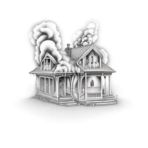 House On Fire With A Man Outside