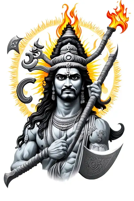 Shiva Trishul With Om And Damru And Parashurama Axe And Blazing Sun