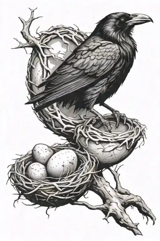 Raven With Broken Nest Protecting An Egg