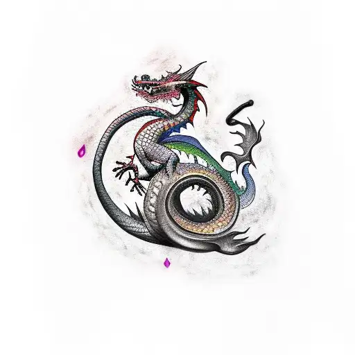 Colourful Dragon Wrapped Around Arm With Fire Around It