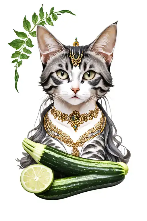 Goddess With Zucchini And A Cat