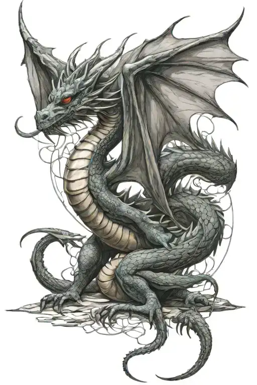 Western Dragon Wrapped Around Leg With Its Wings Open Tattoo