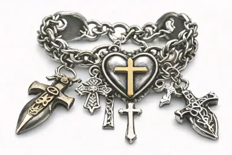 Heart Cross And Bullet Charms On Beautiful Bracelet Tattoo