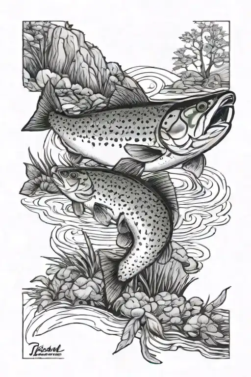 Trout Outline Filled Nature Scene