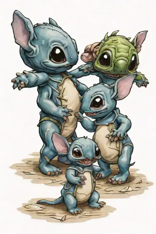 Cute Stitch Family Holding Hands On Beach Scene