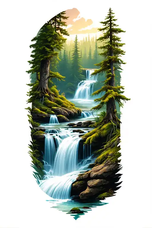 Forest Scenery With Waterfall Flowing