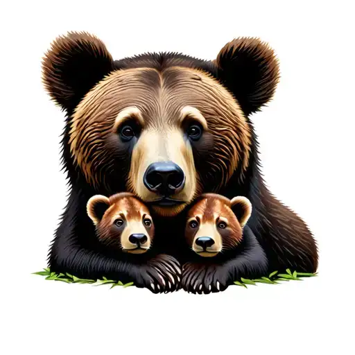 Mama Bear With 2 Cubs In Forest