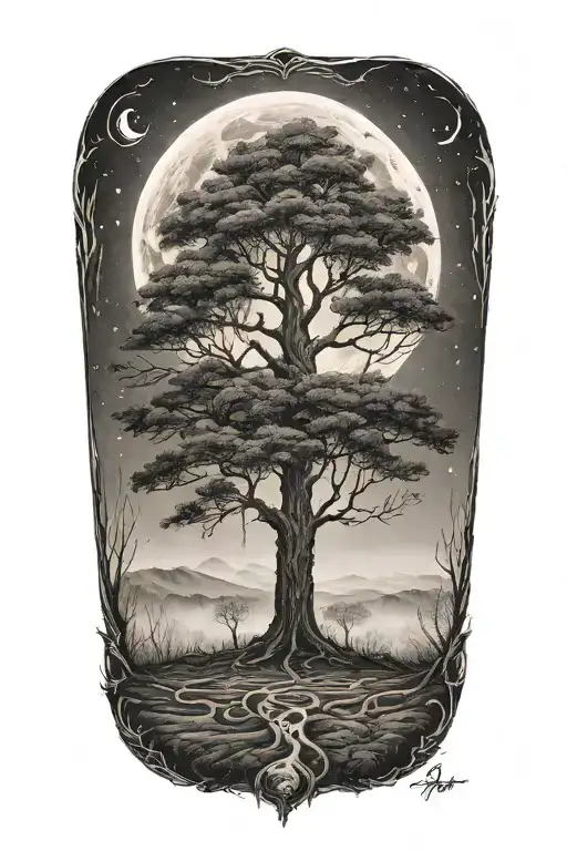 Very Small Tree In Peat With Moon Beams And Fog