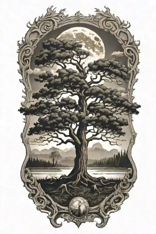 Very Small Oak In Peat With Moon Beams And Fog