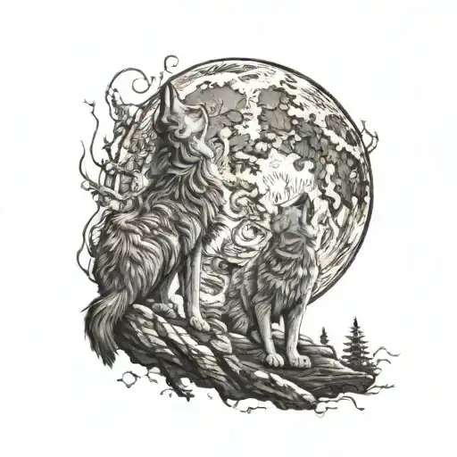 Cat And Wolf Howling At The Moon