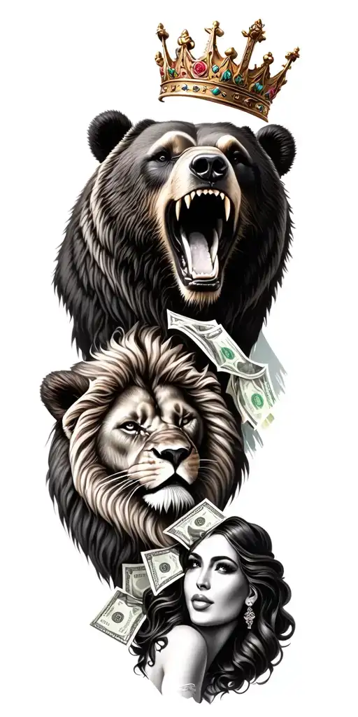 Roaring Bear And Lion With Crown And Money Rose And Lady Jutice