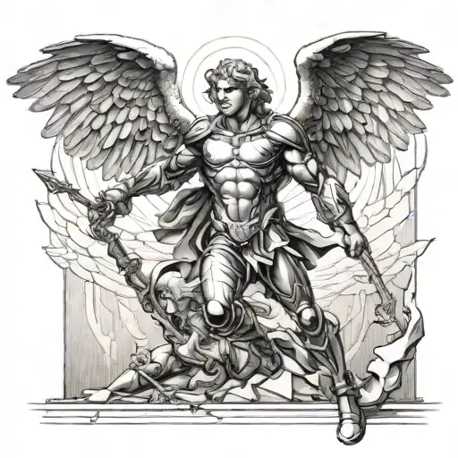 A Modern Interpretation Of Archangel Michael Battling The Fallen Angel In A Futuristic Setting